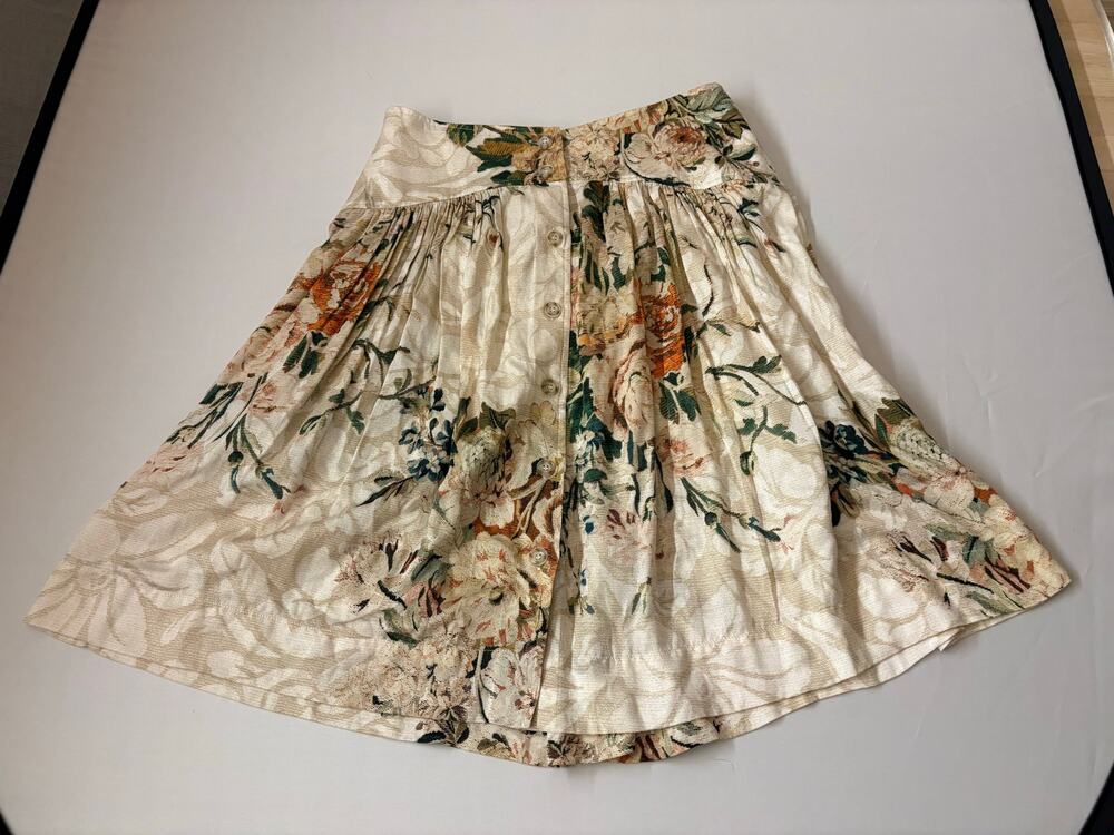Peruvian Connection Cream Floral Tapestry Pleated Button Front Skirt Size 2